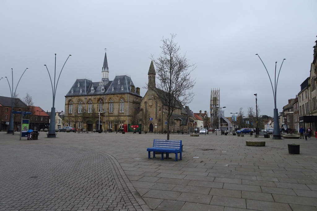 Market Place in Bishop Auckland with the church, town hall and Auckland Tower