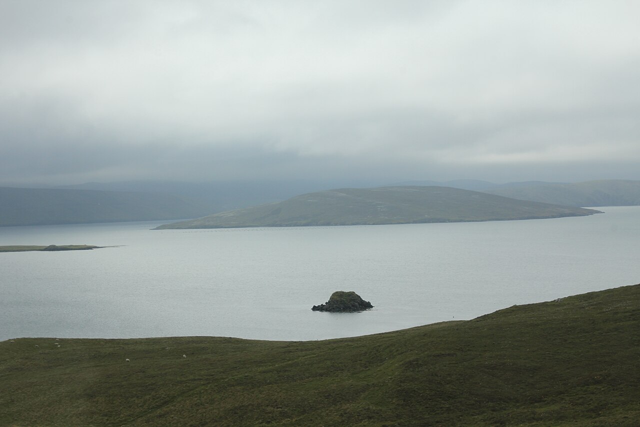 Linga in Busta Voe, viewed from the road towards Muckle Roe near Brae