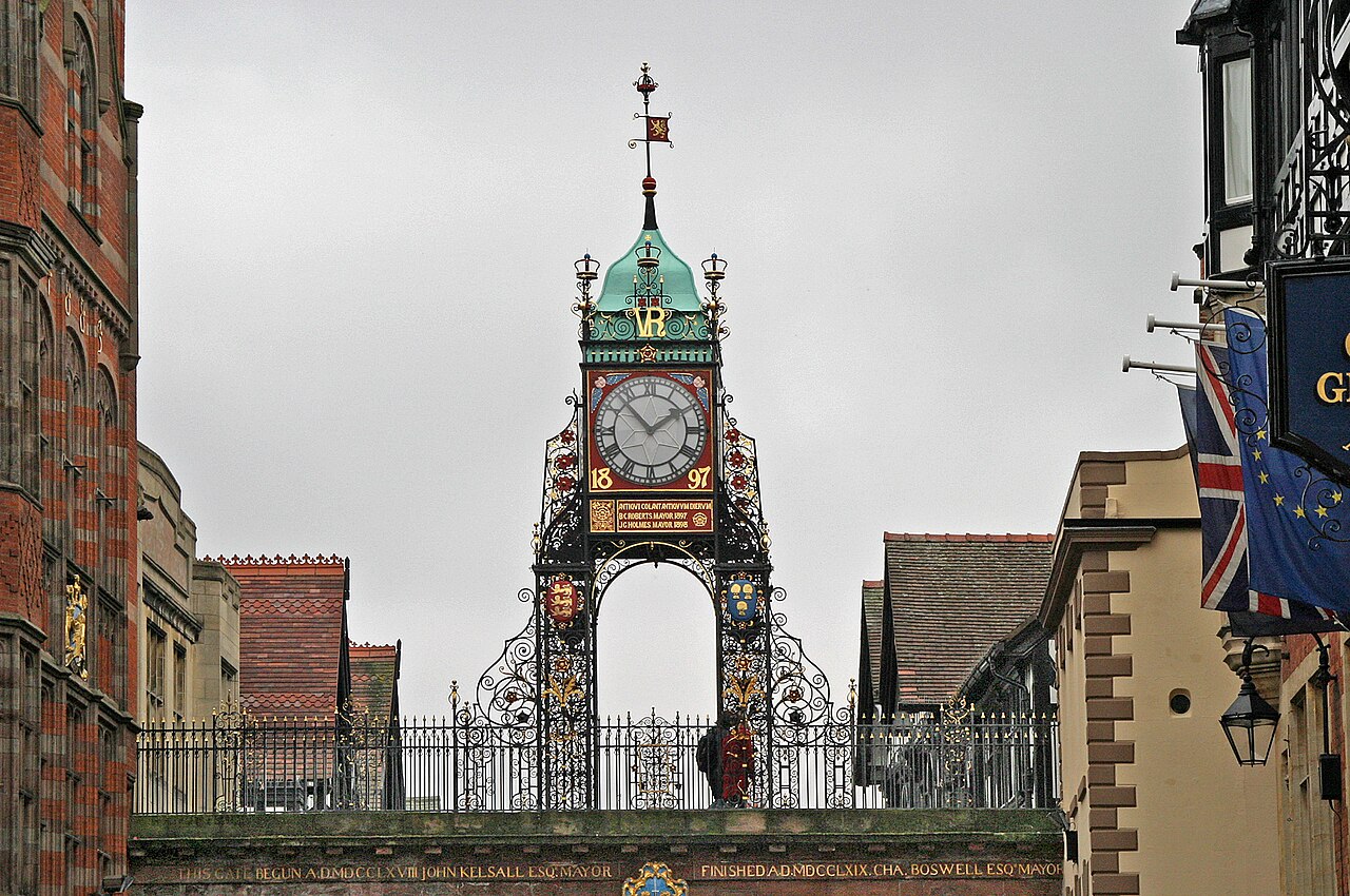 The ornate Eastgate Clock above Chester’s city wall walkway