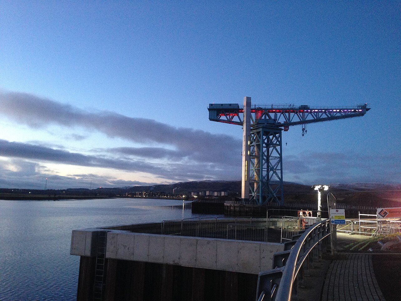 The Titan Crane, Clydebank shipbuilding landmark, viewed beside the River Clyde.