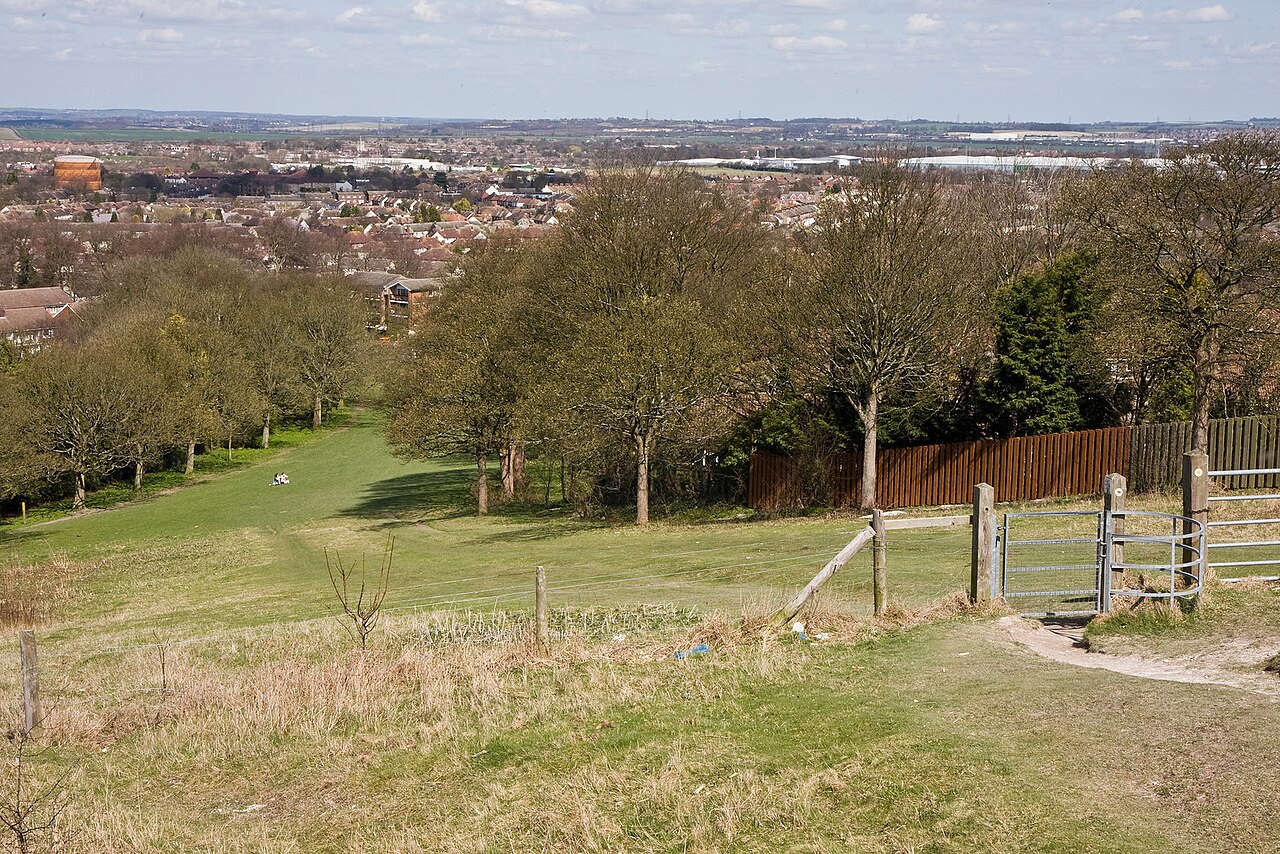 A grassy slope and path looking from Dunstable Downs towards the town