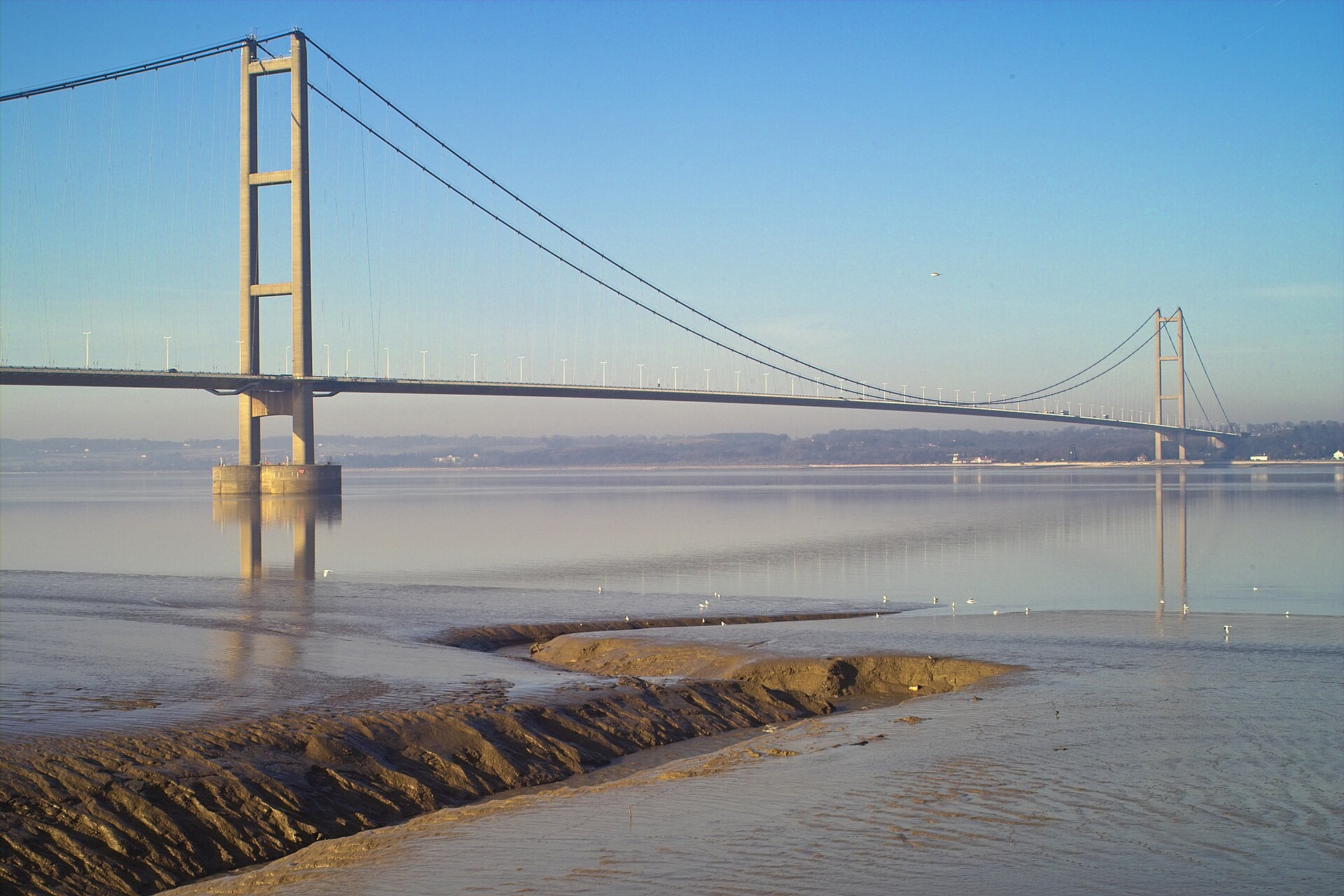 The Humber Bridge crossing the Humber estuary, photographed from Barton upon Humber