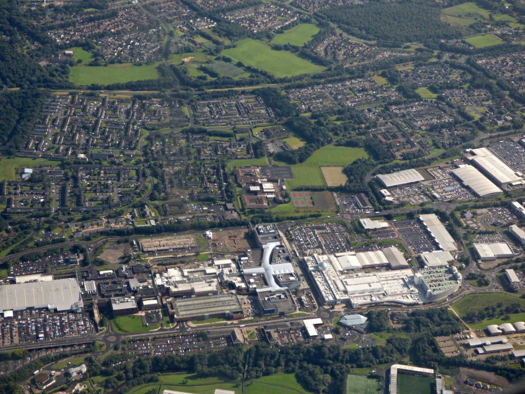 Aerial view of central Livingston buildings and green space.