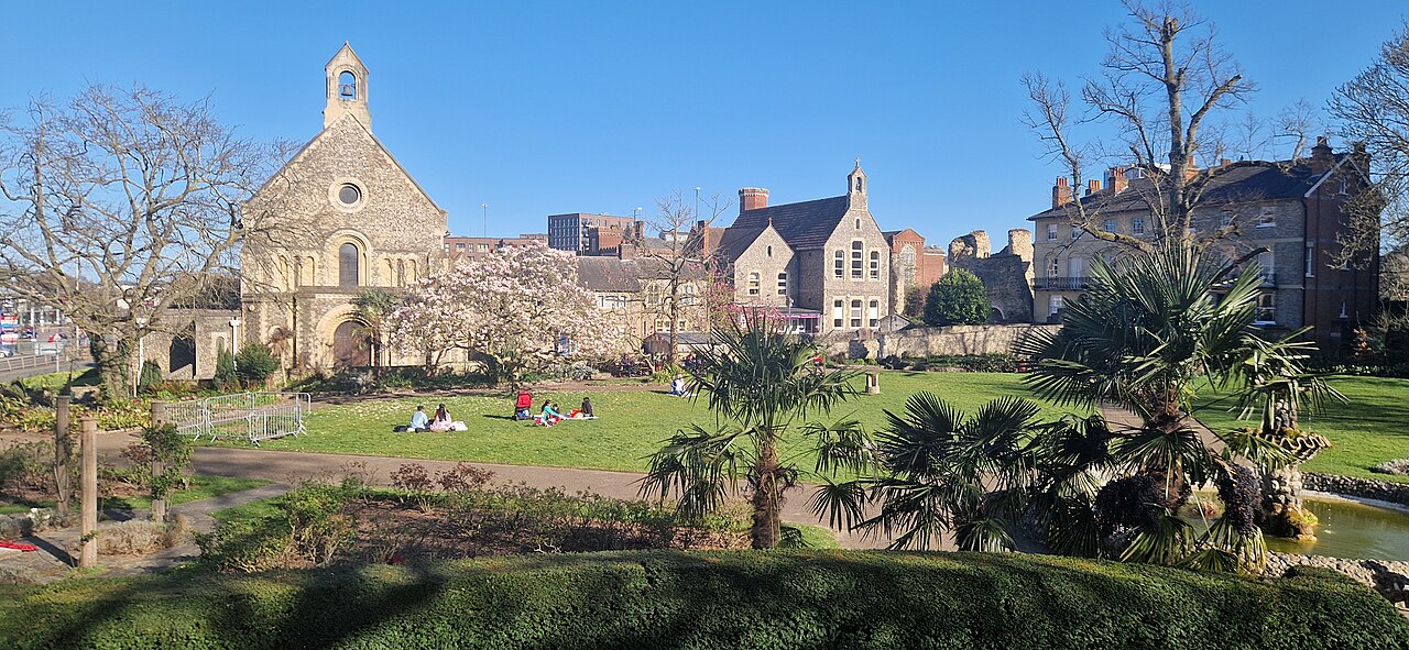 Forbury Gardens in Reading with St James Church beyond the lawns
