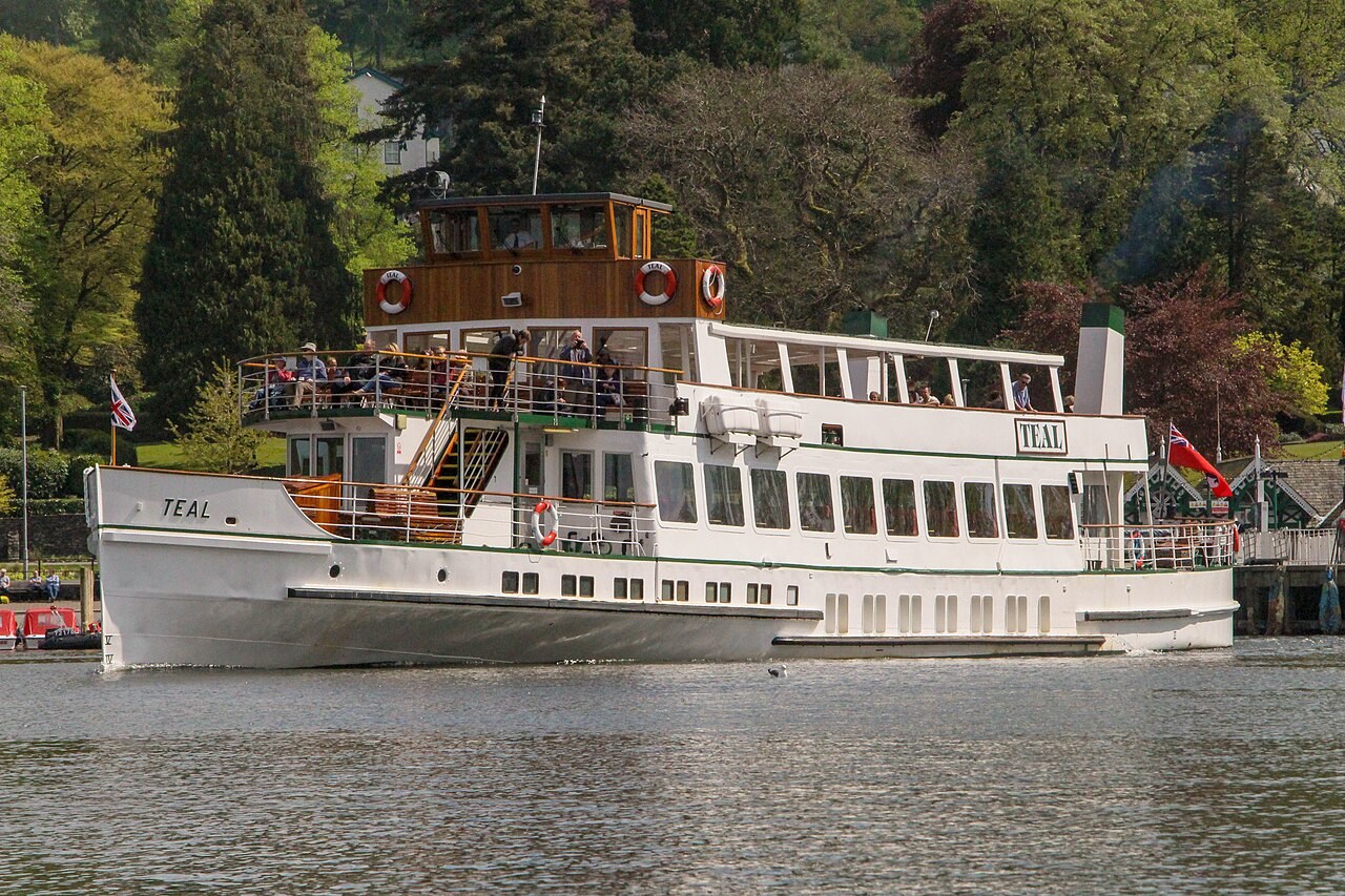 Windermere Lake Cruises vessel Teal moored at Bowness in 2019; vessels vary by route